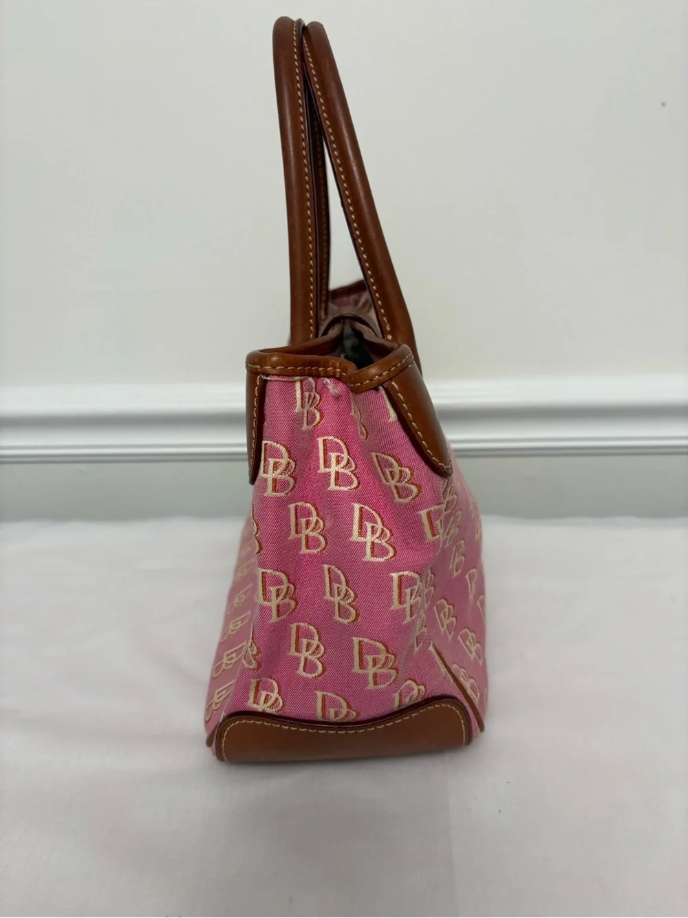 Dooney & Bourke Pink Logo Satchel with Brown Leather Trim